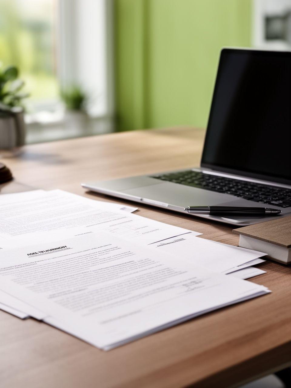Legal documents arranged on a desk in a calm Vienna office with soft daylight and a laptop nearby