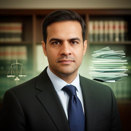 Dr. Maximilian Huber im Kanzleibüro vor einem Regal mit Gesetzeswerken und digitalem Aktenstapel