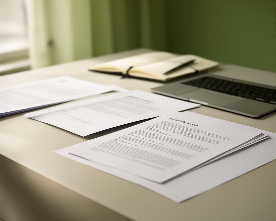 A calm legal workspace in Vienna with printed documents, a notebook and soft daylight across a desk