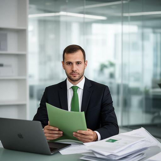Dr. Lukas Berger mit Aktenmappe und Laptop in einem modernen Beratungsraum mit Glaswänden