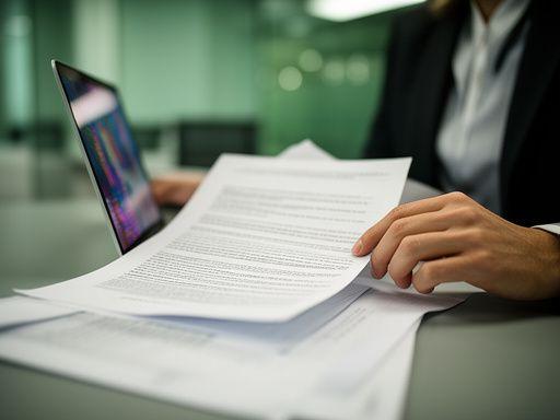 Jurist prüft einen Vertrag neben einem Laptop in einem modernen Wiener Büro