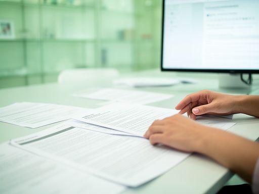 Datenschutzberaterin überprüft Dokumente und Bildschirm in einem hellen Besprechungsraum
