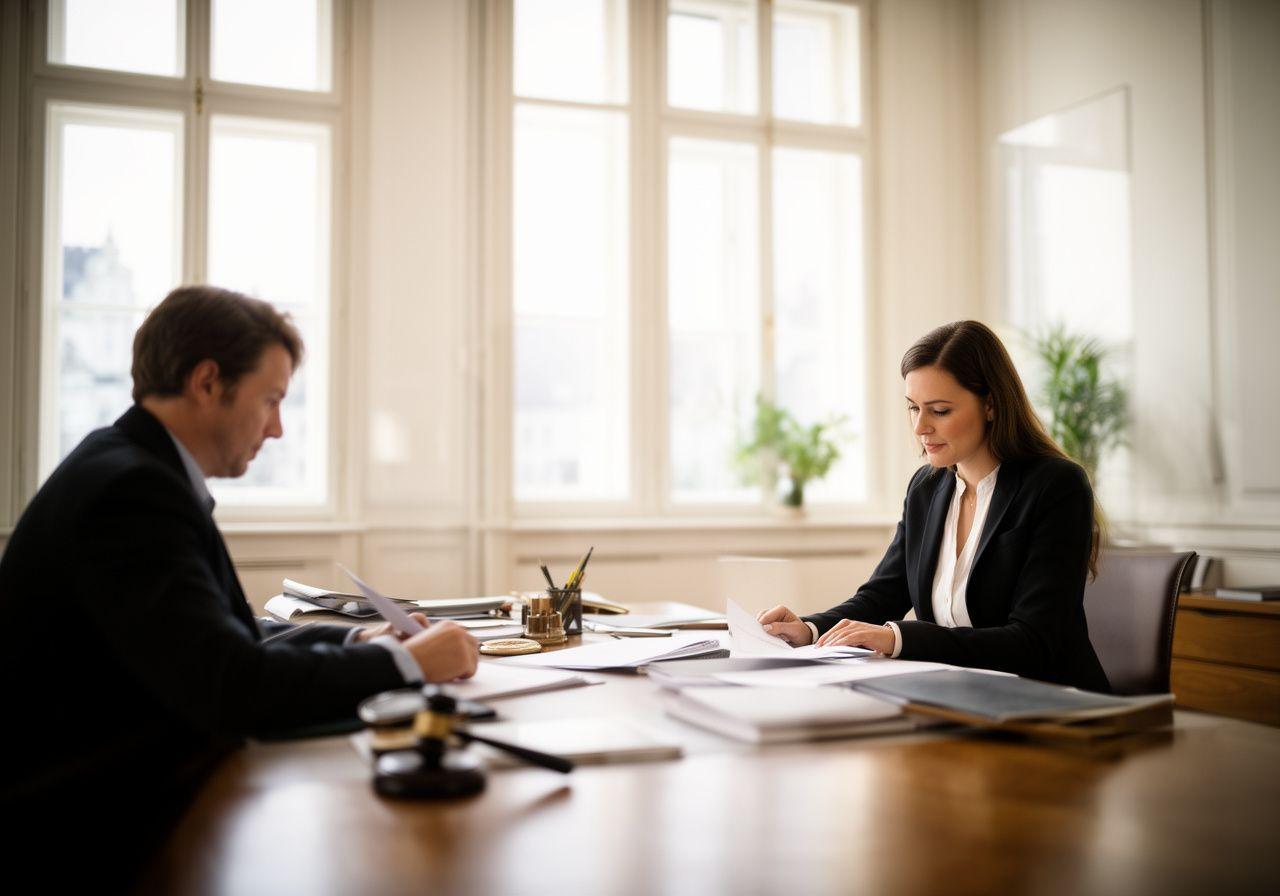 Bright consultation room in Vienna with a lawyer preparing documents beside a desk and city light through tall windows