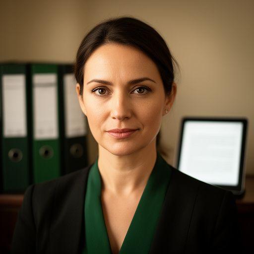 Maria Eder, LL.M. in einer ruhigen Kanzleiatmosphäre mit Prozessakten, Tablet und konzentriertem Blick