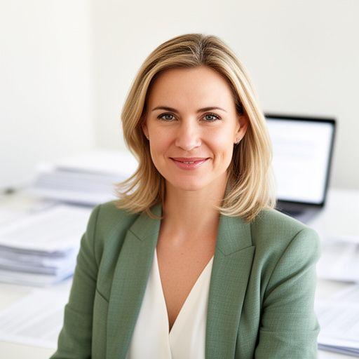 Mag. Anna Leitner an einem hellen Besprechungstisch mit Vertragsunterlagen und einem Laptop in Wien
